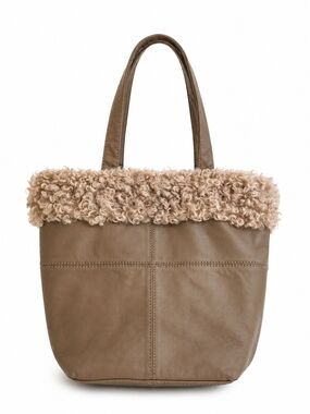 HOBO Taupe Leather Tote with Cream Shearling Cuff